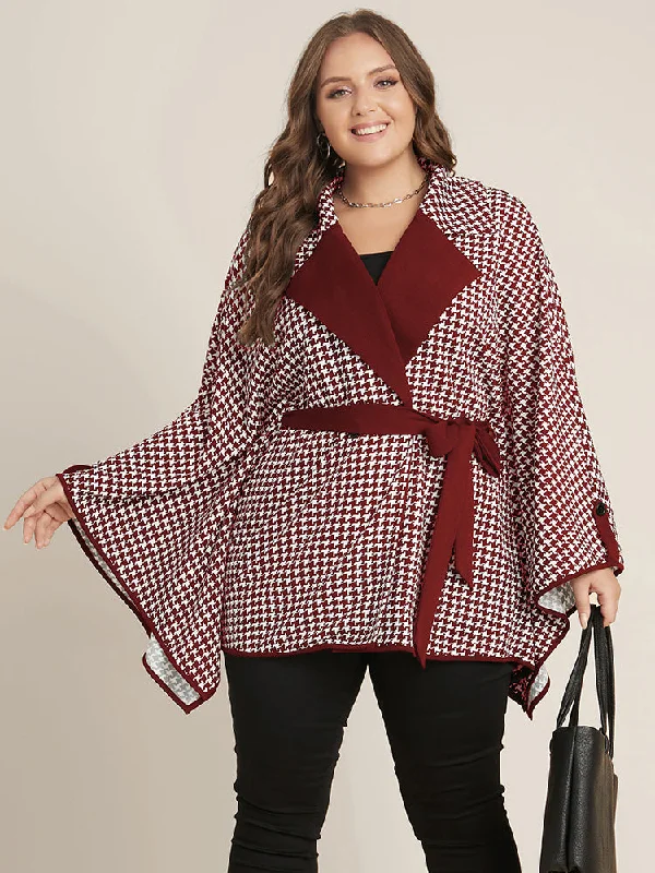 Houndstooth Contrast Dolman Sleeve Suit Collar Belted Coat