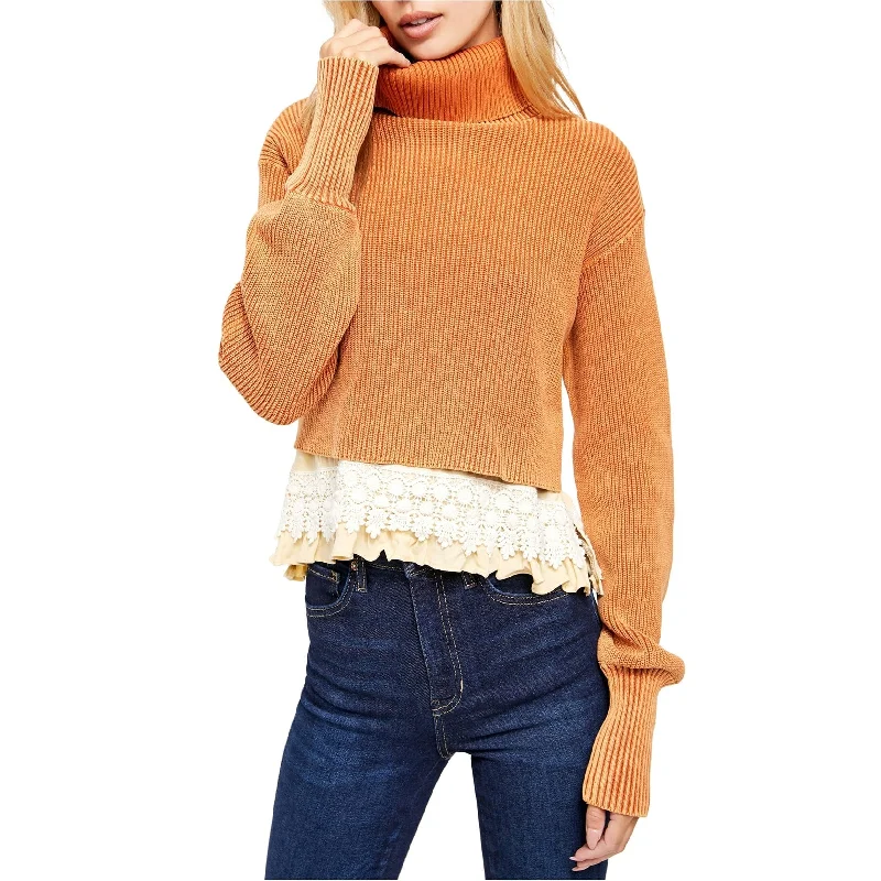 Free People Womens Crochet Hem Pullover Sweater, Orange, Medium