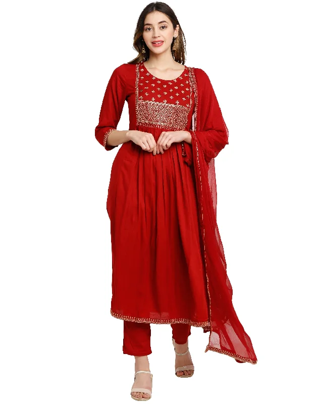 Women's Maroon Rayon Slub Embroidered Kurta With Trouser & Dupatta  (Semistitched (SKD) ) - Aastha Fashion