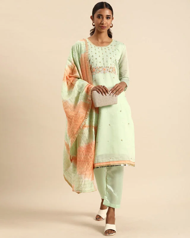 Women's Olive Green Chanderi Silk Embroidered Kurta With Trouser & Dupatta - Aastha Fashion