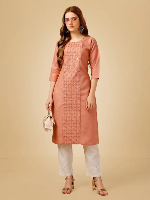 Women's Gajri Cotton Blend Embroidered Kurta Pant Set   (Stitched ) - Aastha Fashion