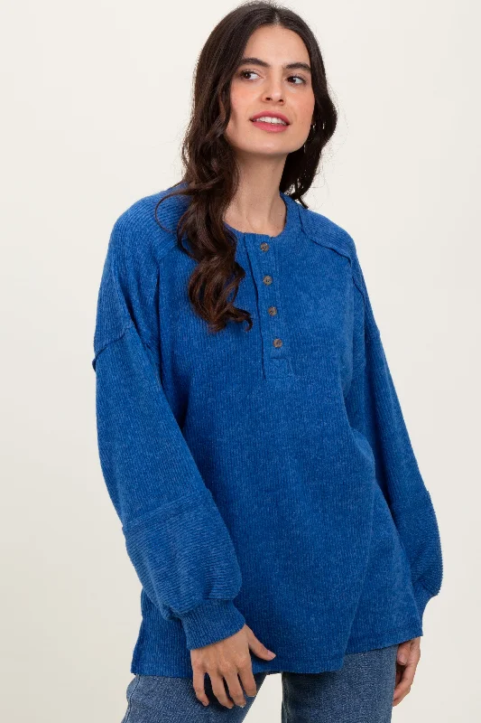 Light Navy Oversized Ribbed Knit Henley Sweater