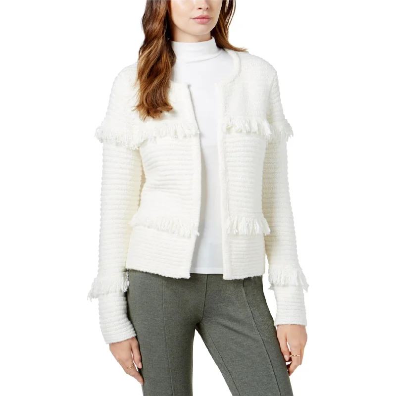 Kensie Womens Fringed Cardigan Sweater, Off-White, X-Large