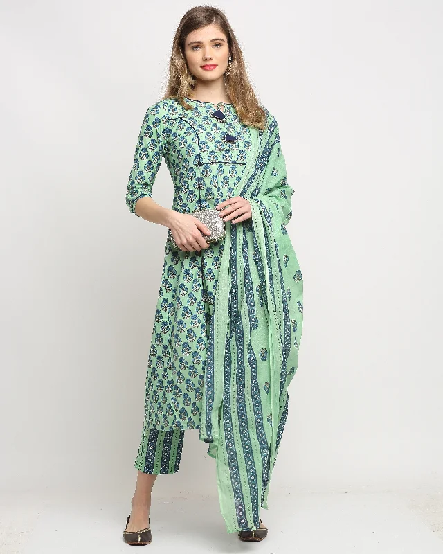 Women's Pista Green Cotton Jaipuri Printed Kurta With Trouser & Dupatta  (Semistitched (SKD) ) - Aastha Fashion