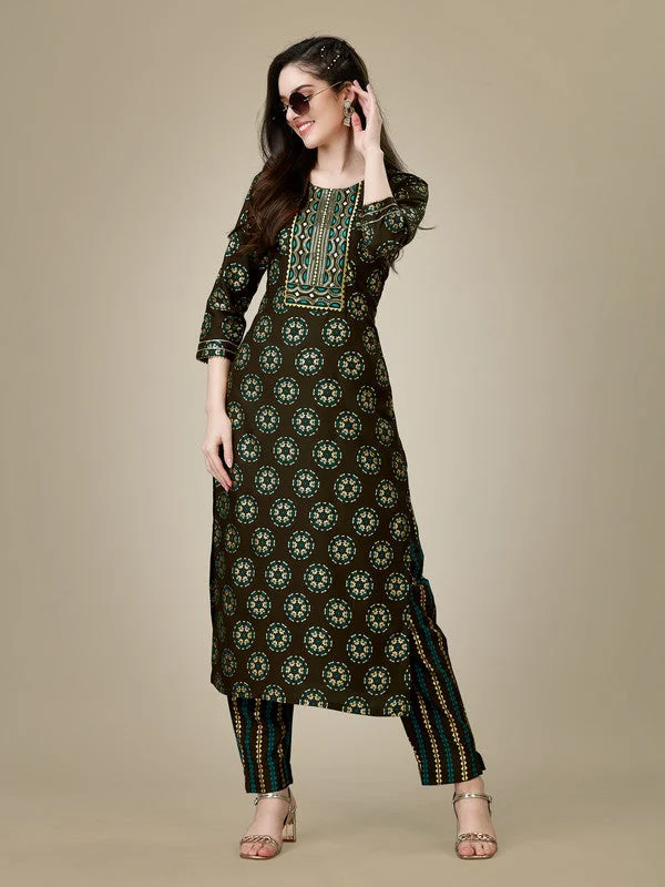 Women's Dark Coffee Rayon Embroidered Kurta Pant Set   (Stitched ) - Aastha Fashion