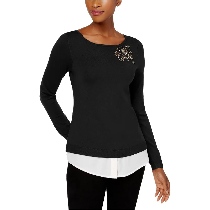 Charter Club Womens Layered-Look Brooch Pullover Sweater, Black, Large