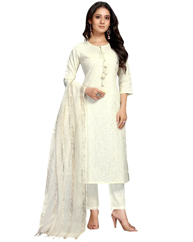 Women's Off White Cotton Flex Embroidered Kurta With Trouser & Dupatta  (Semistitched (SKD) ) - Aastha Fashion