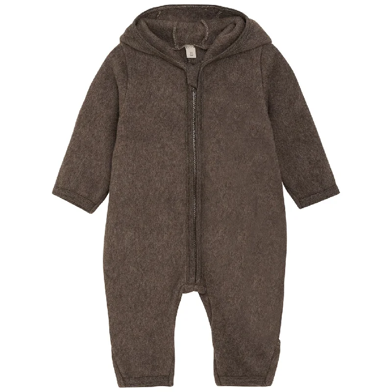 Huttelihut Brown Melange Pram Suit Ears Cot. Fleece