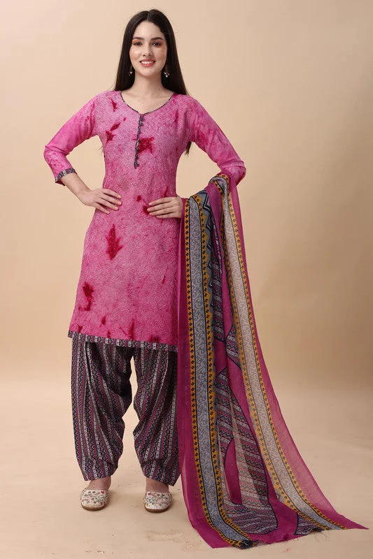 Women's Pink Cotton Blend Embroidered Kurta With Trouser & Dupatta  (Semistitched (SKD) ) - Aastha Fashion