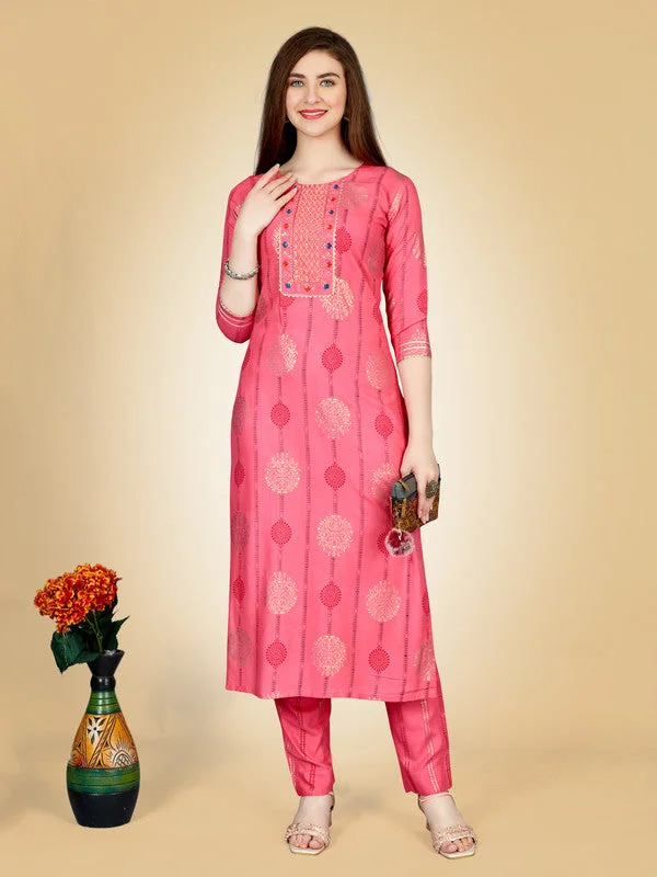 Women's Pink Viscose Rayon Embroidered Kurta Pant Set   (Stitched ) - Aastha Fashion