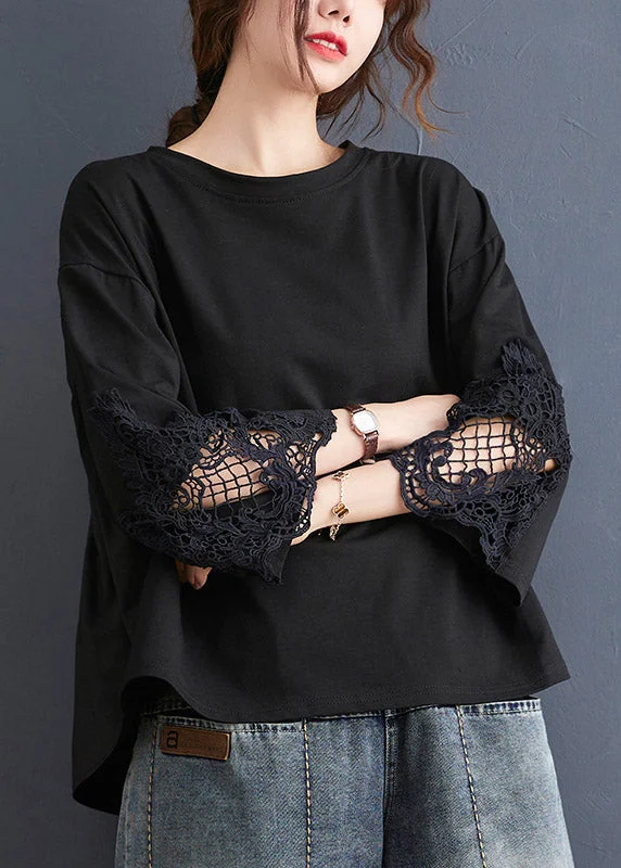 Brief Black O-Neck Lace Patchwork Sweatshirts Top Three Quarter sleeve