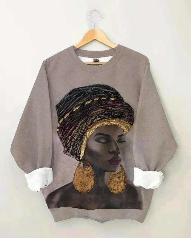 Gold Earrings African Women Long Sleeve Sweatshirt